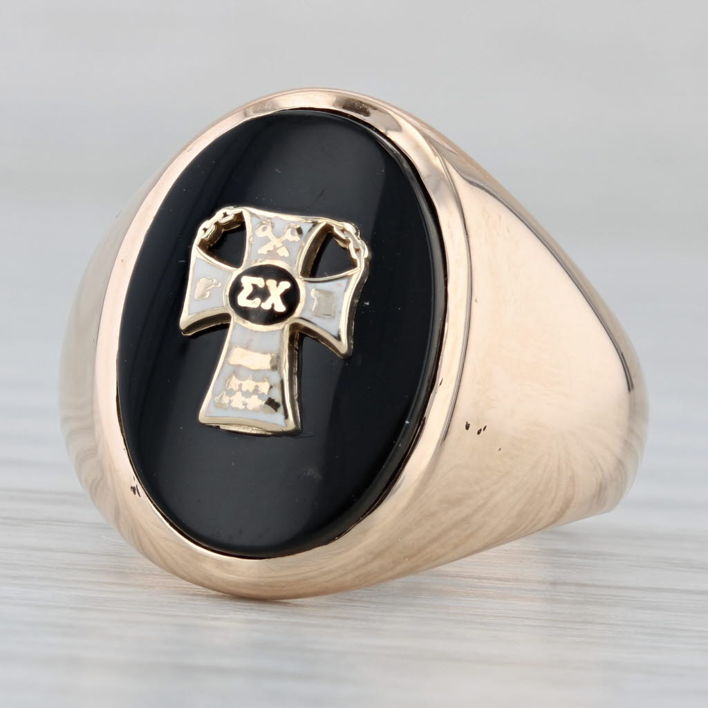 Gray Vintage Sigma Chi Badge Signet Ring 10k Gold Onyx Fraternity Signet Size 9.5