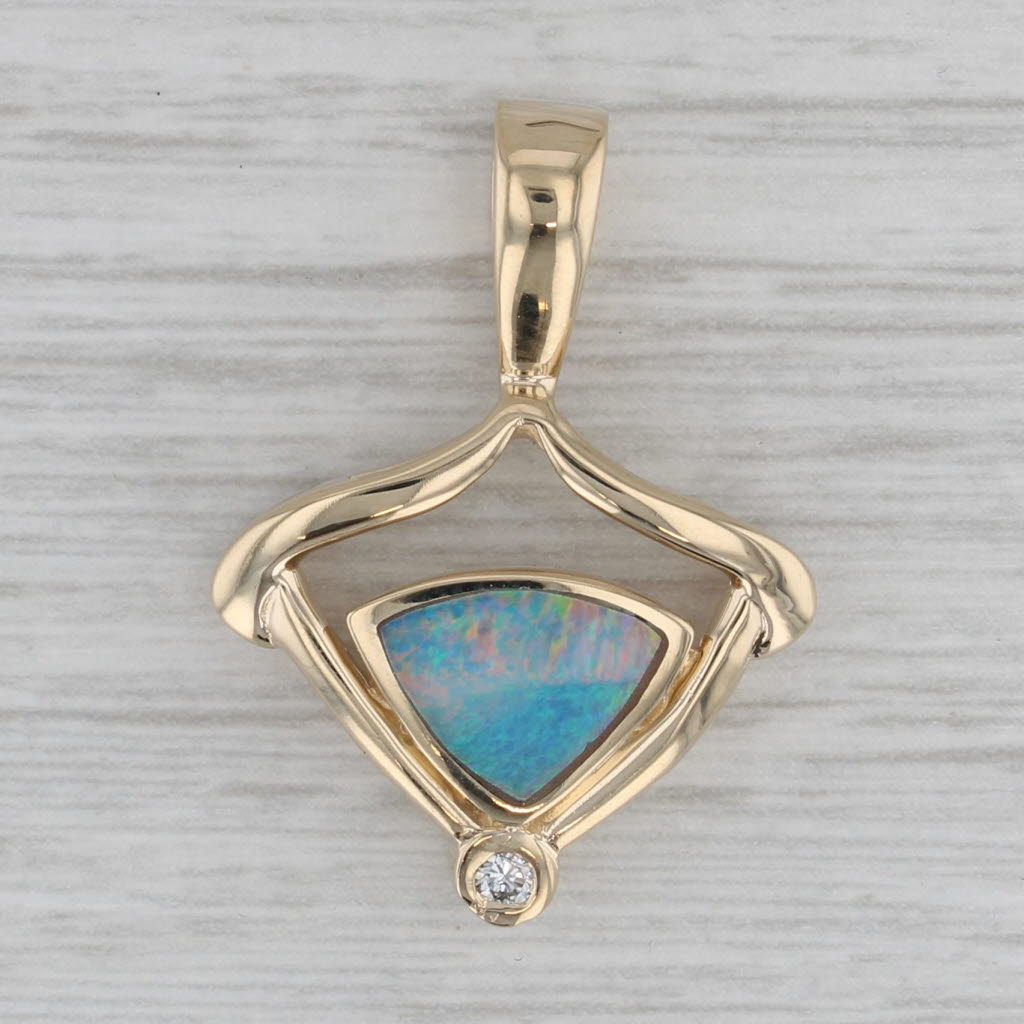 Gray Blue Opal Diamond Drop Pendant 14k Yellow Gold