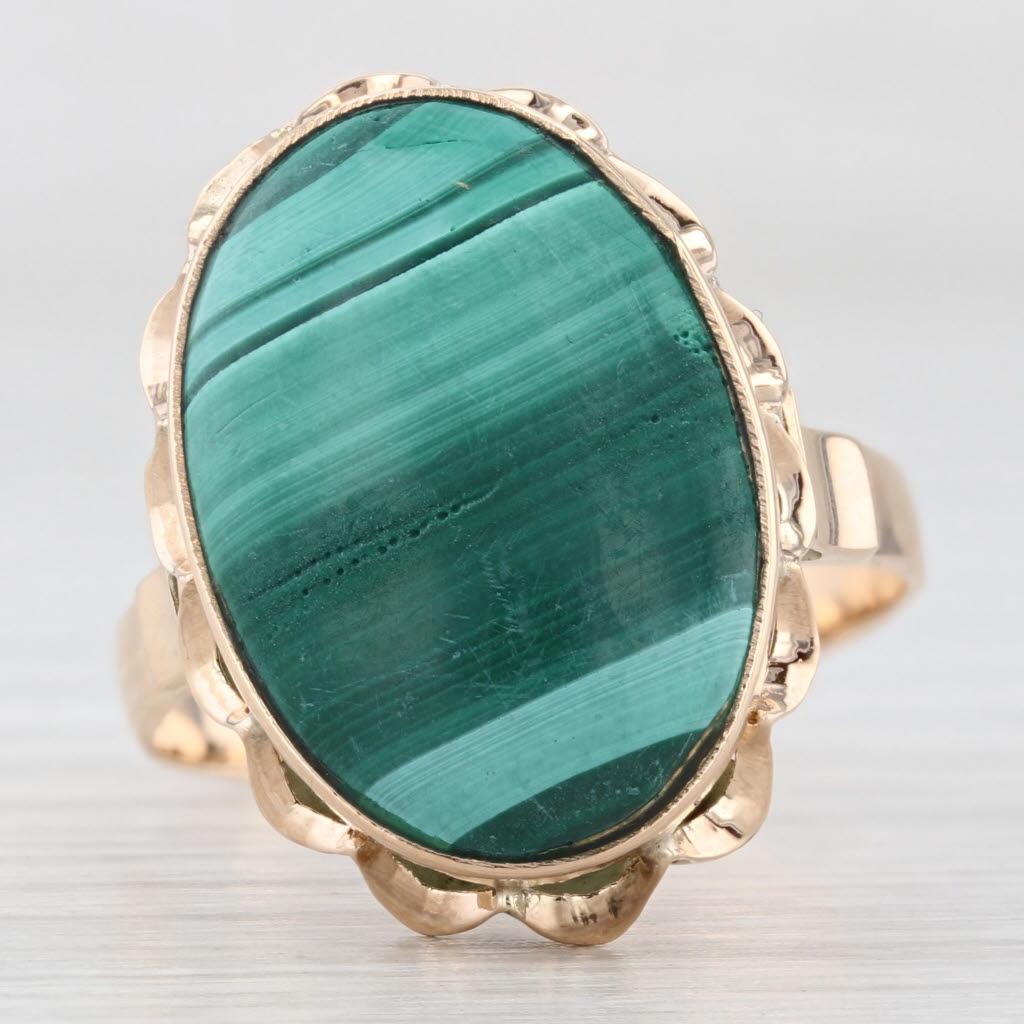 Sea Green Vintage Malachite Marbled Green Oval Cabochon Ring 12k Yellow Gold Size 7.5