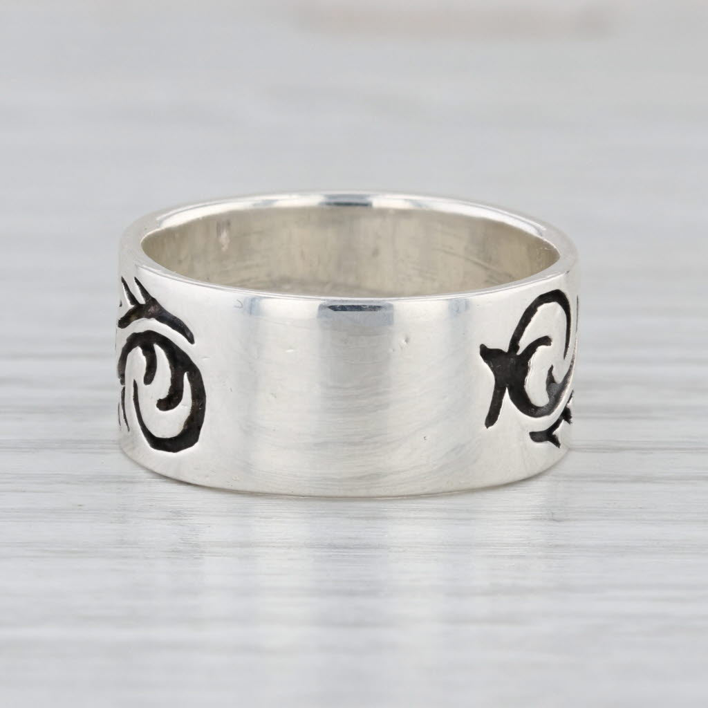Ornate Floral Etched Band Ring Sterling Silver 10mm Size 10.25