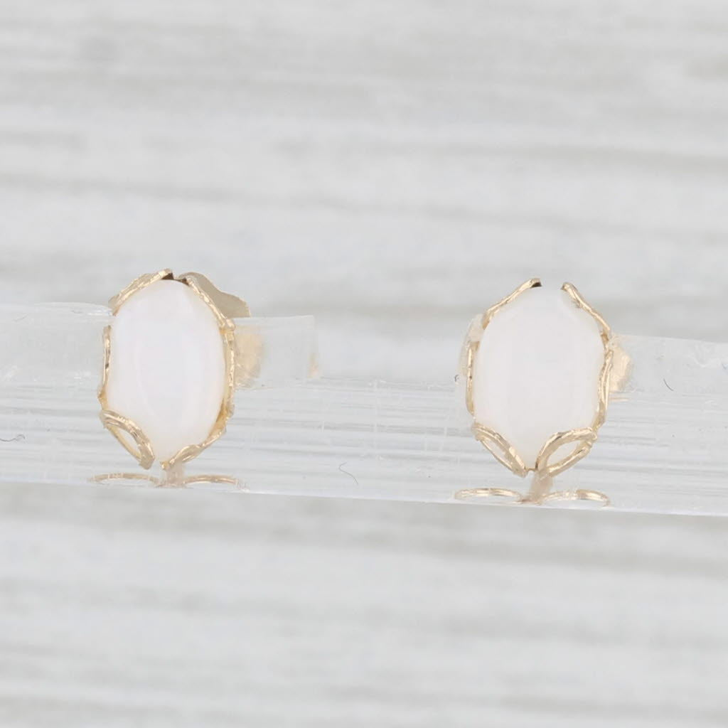 Light Gray Opal Stud Earrings 10k Yellow Gold Oval Cabochon Solitaires