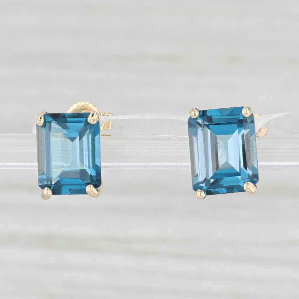 Light Gray 6ctw London Blue Topaz Emerald Cut Stud Earrings 14k Yellow Gold Solitaire Studs