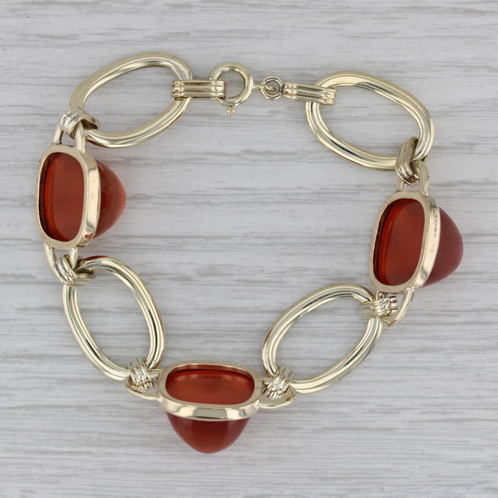 Gray Vintage Carnelian Sugarloaf Bracelet 14k Yellow Gold 7" Statement