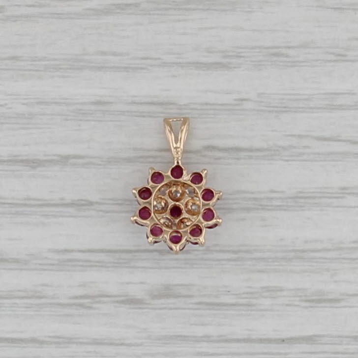 0.83ctw Ruby Diamond Cluster Flower Pendant 14k Yellow Gold Small Drop