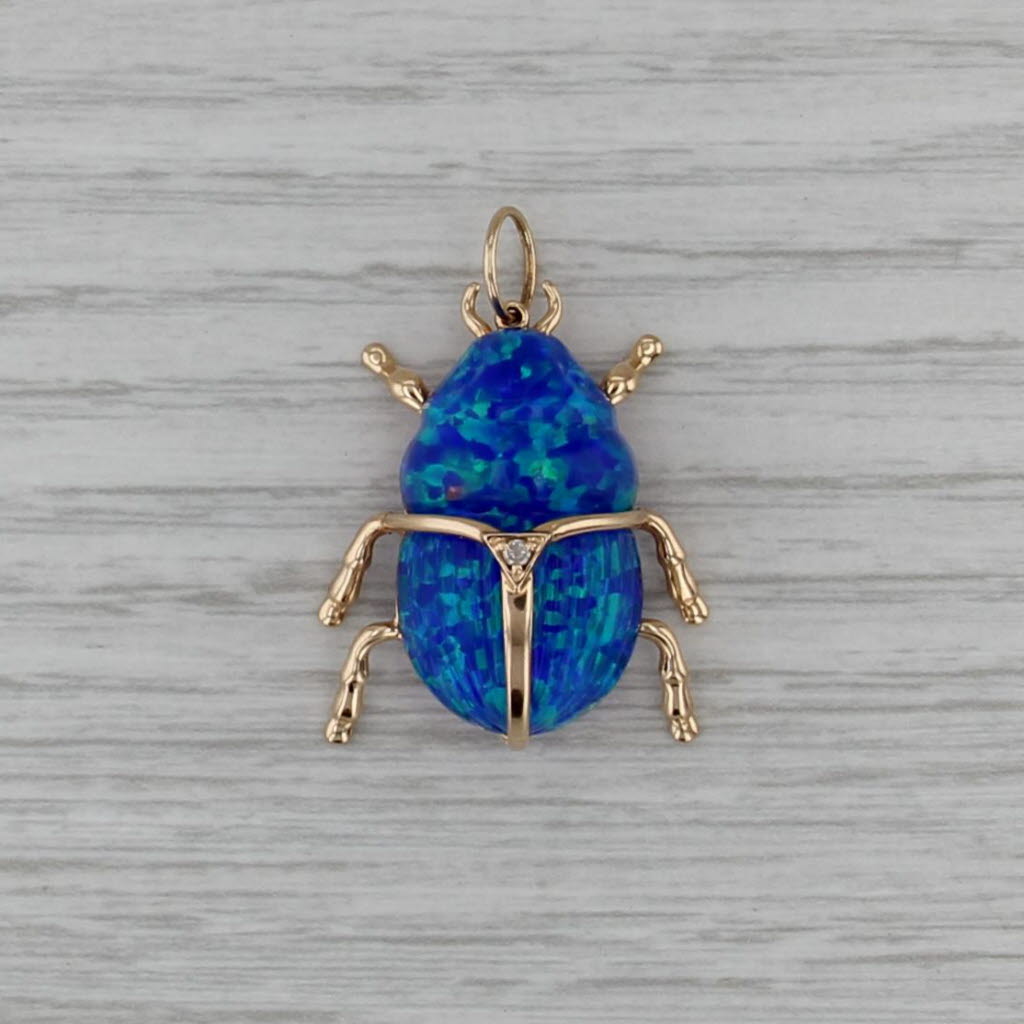 Blue Green Lab Created Opal Scarab Beetle Pendant 14k Yellow Gold Statement