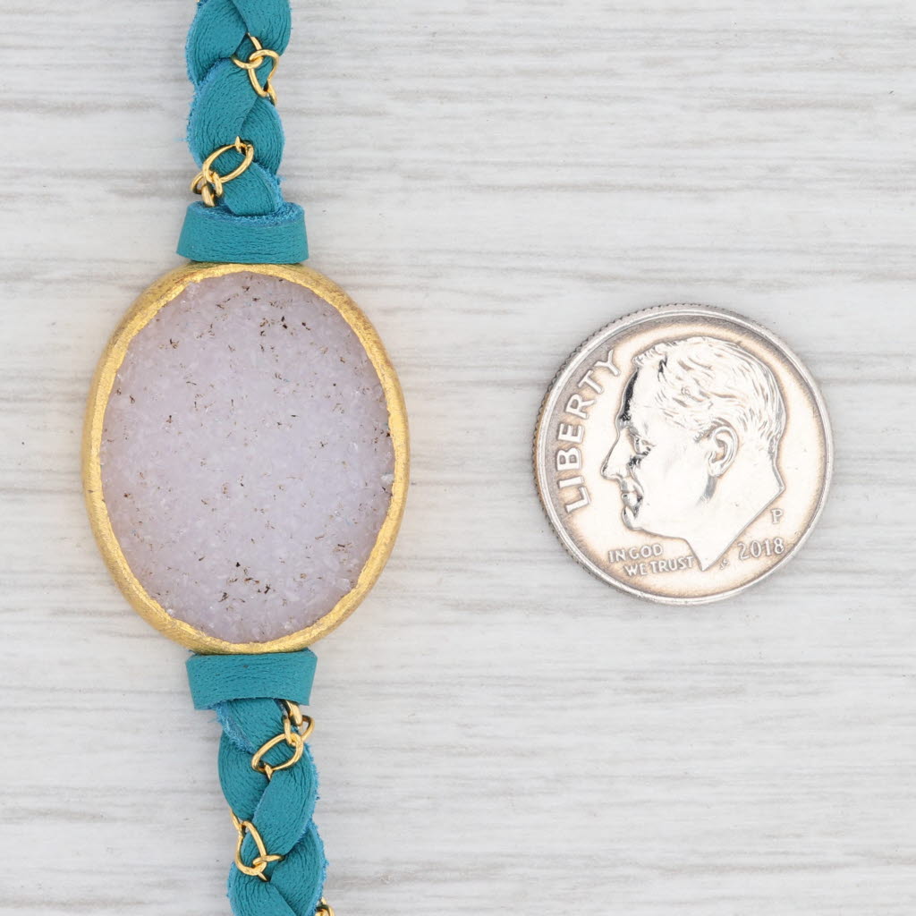 New Nina Wynn Cordelia Necklace Sand Druzy Quartz Pendant Teal Leather