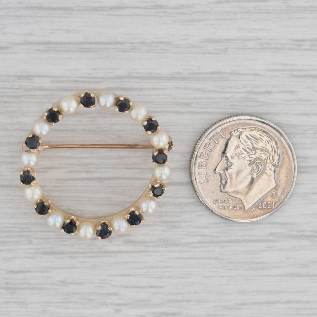 Gray 0.75ctw Blue Sapphire Cultured Pearl Eternity Circle Brooch 14k Yellow Gold Pin