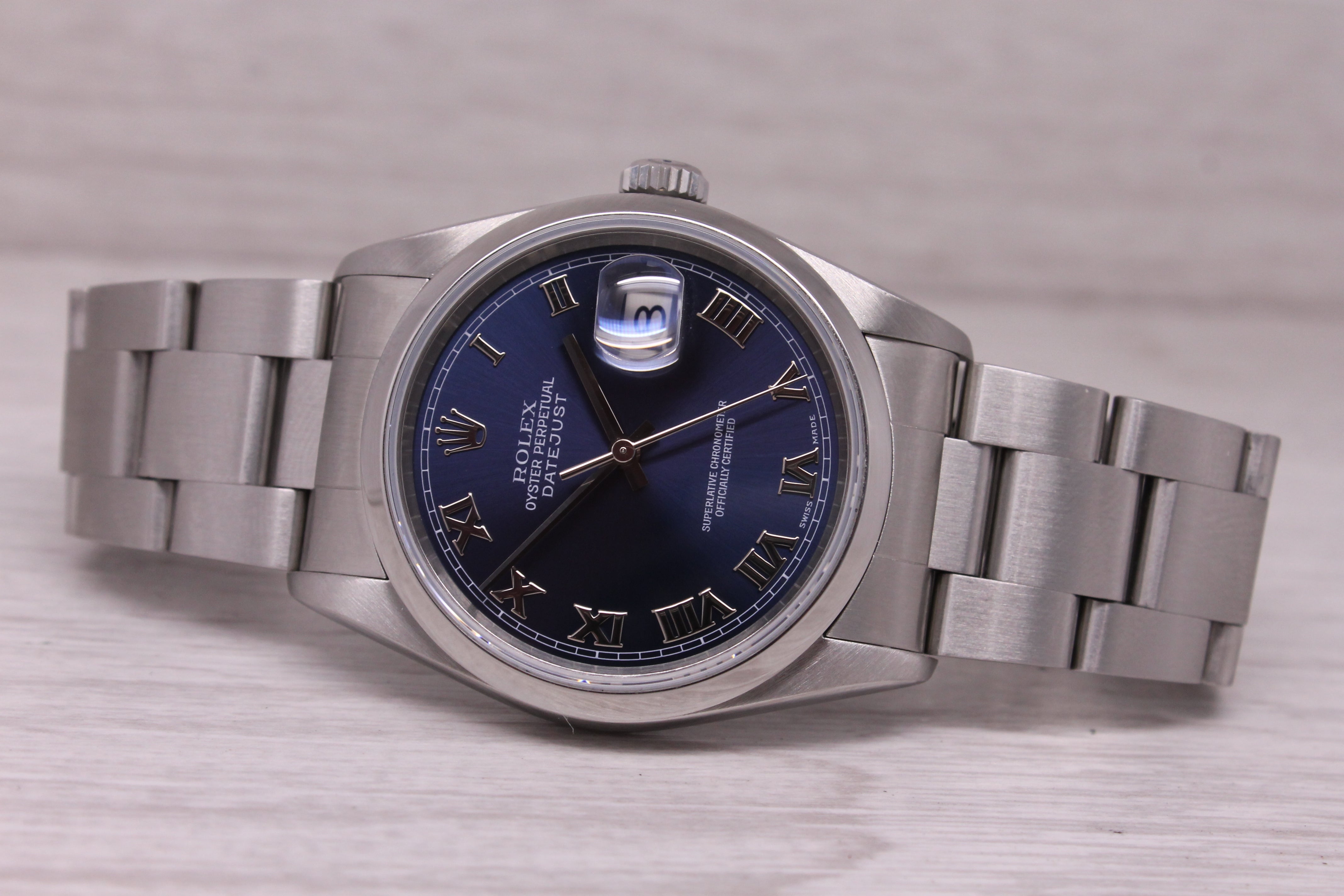 1999 Rolex Datejust 16200 36mm Steel Automatic Oyster Box Paper Blue Roman Dial