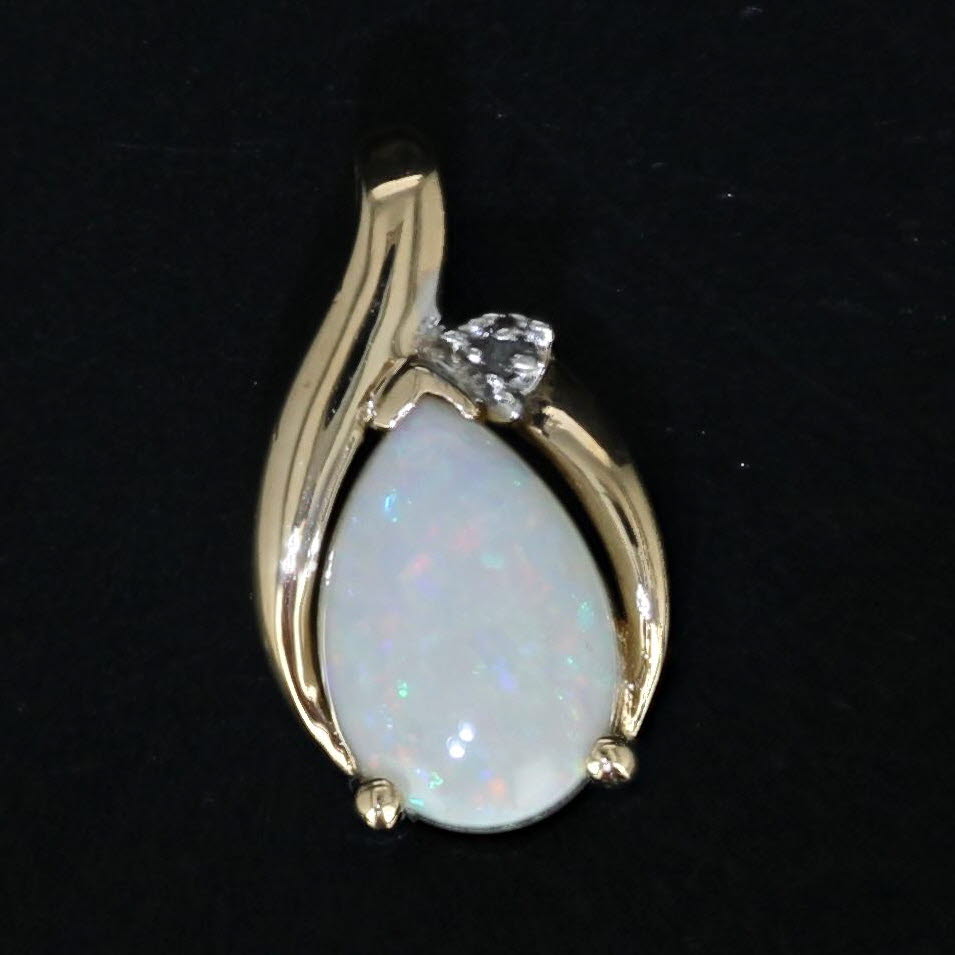 Dark Gray Pear Opal Solitaire Pendant 14k Yellow Gold Diamond Accent