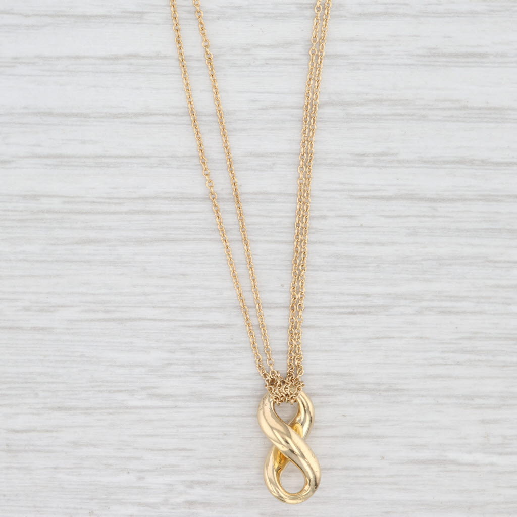 Light Gray Tiffany & Co Infinity Knot Pendant Necklace w/ Pouch 18k Yellow Gold 15.25"