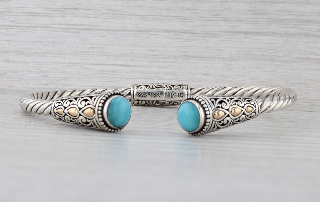 Imitation Turquoise Ornate Cuff Bracelet Sterling Silver 18k Gold Hinged 7.5"