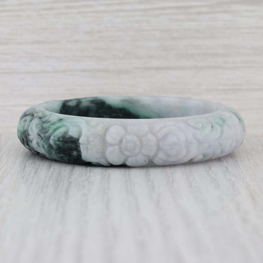 Marbled Green Floral Carved Jadeite Jade Bangle Bracelet 7” 14.2mm Stackable