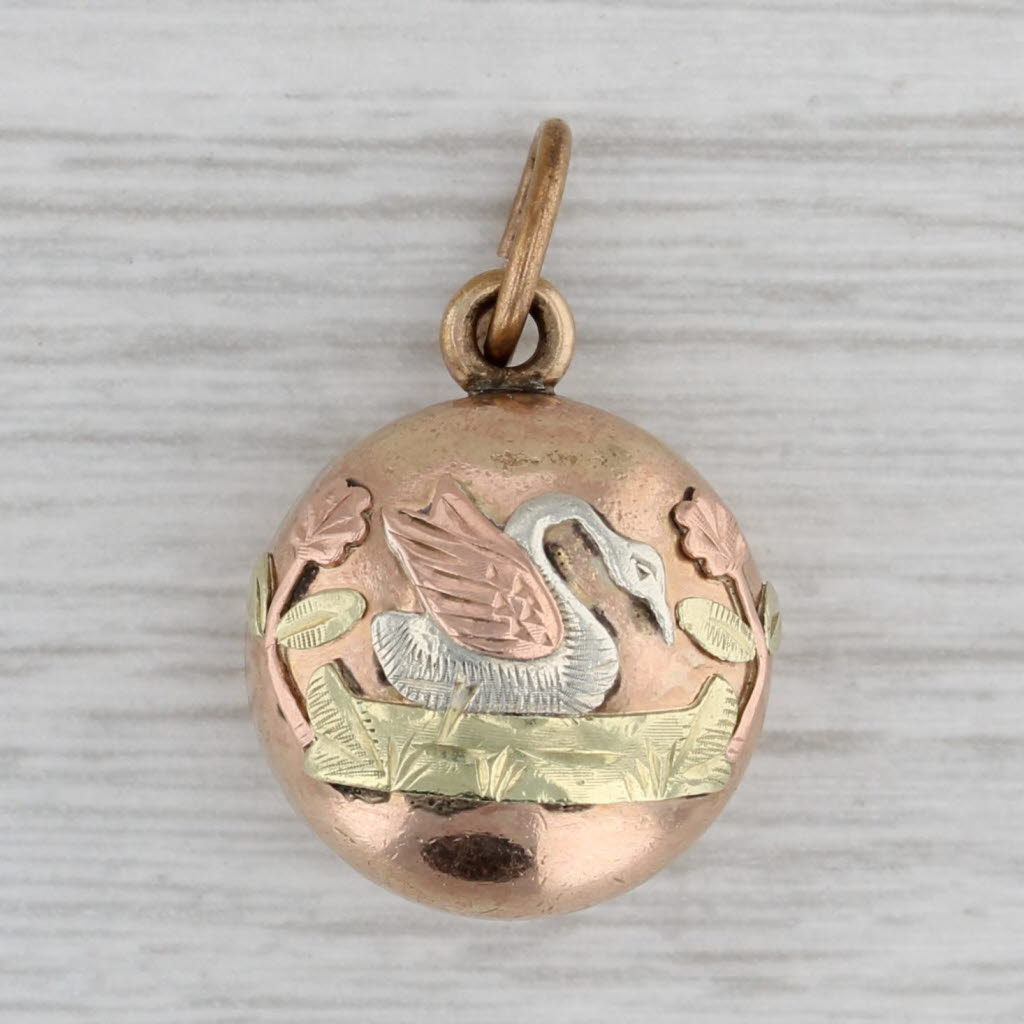 Gray Victorian Swan Charm 10k Yellow Rose Green Gold Pendant