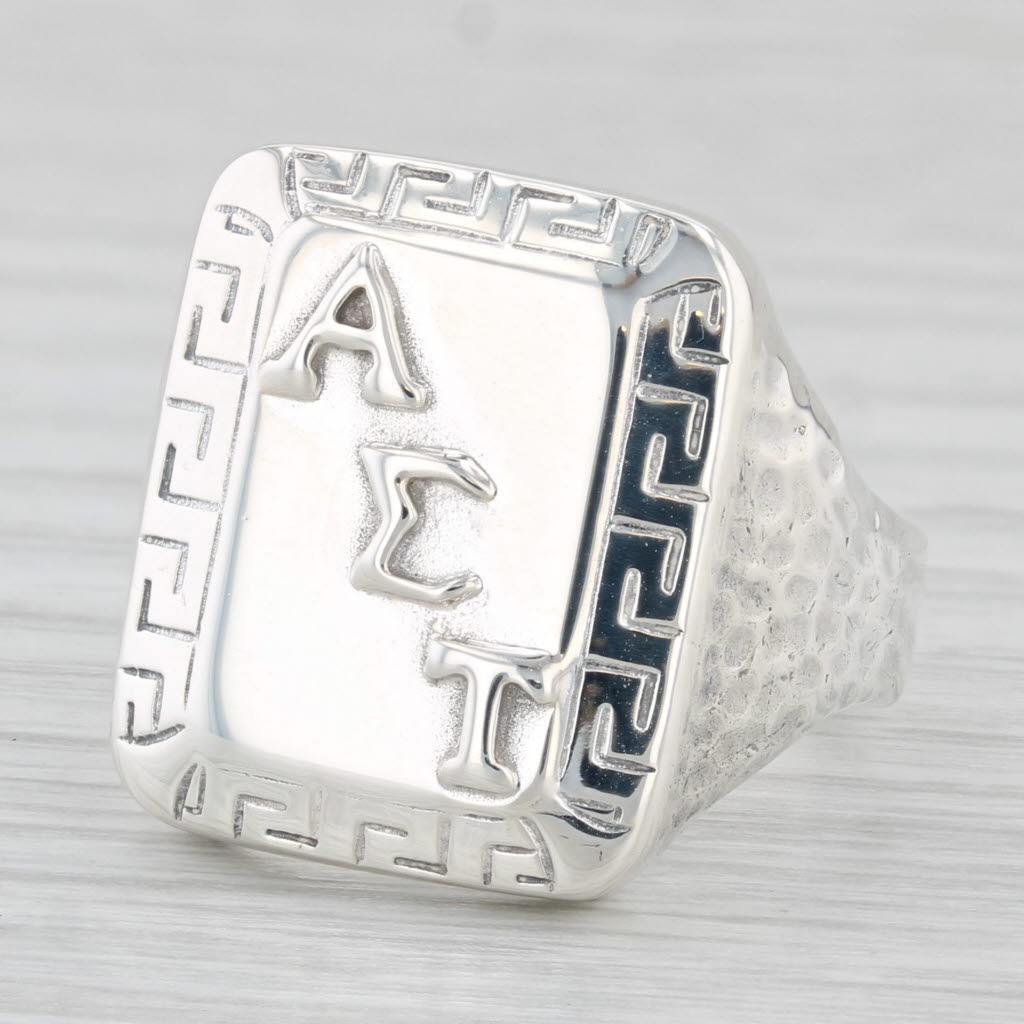 Light Gray Alpha Sigma Tau Sorority Signet Ring Sterling Silver Size 8 Greek Key Pattern