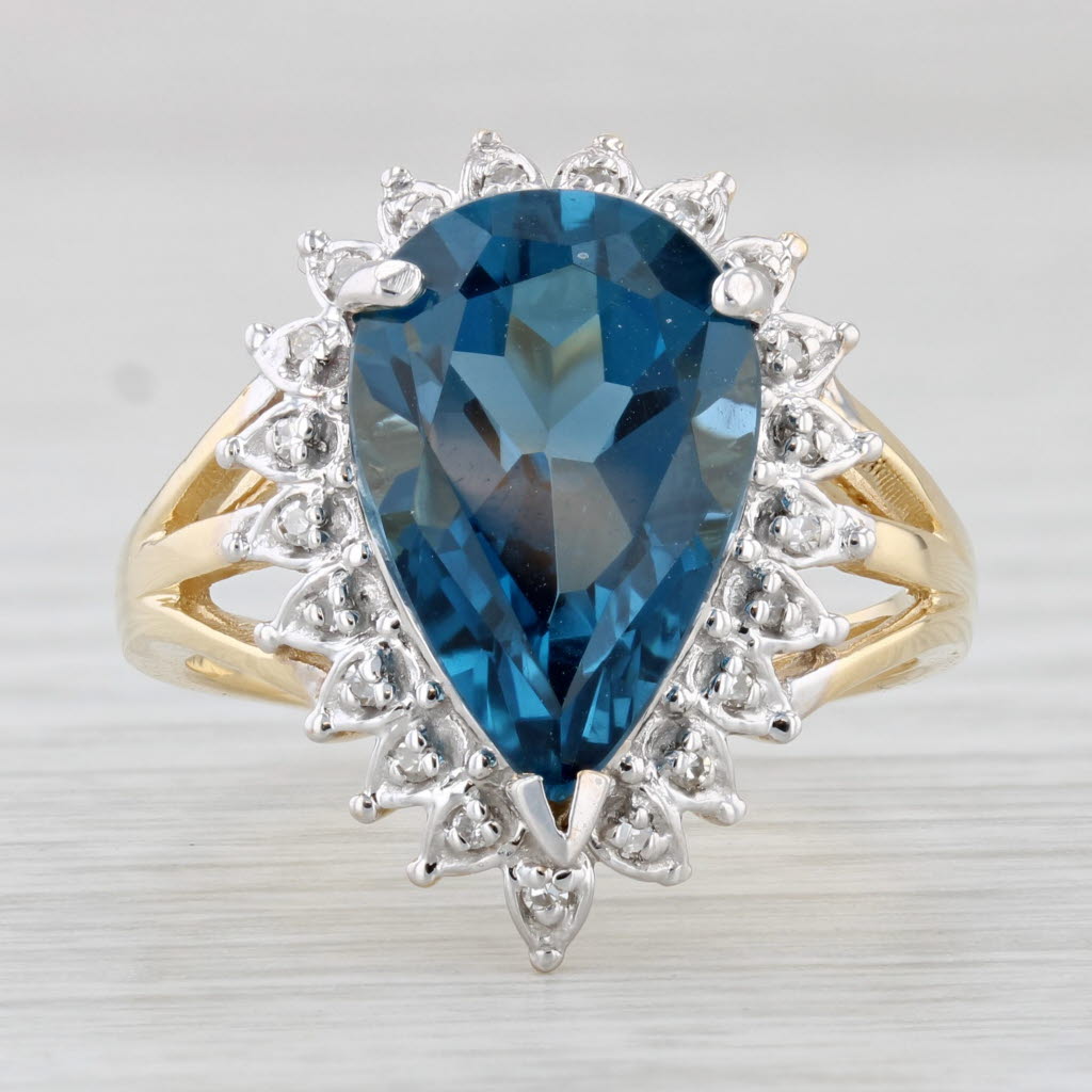 Light Gray 7.33ctw London Blue Pear Topaz Diamond Halo Ring 18k Yellow Gold Size 8