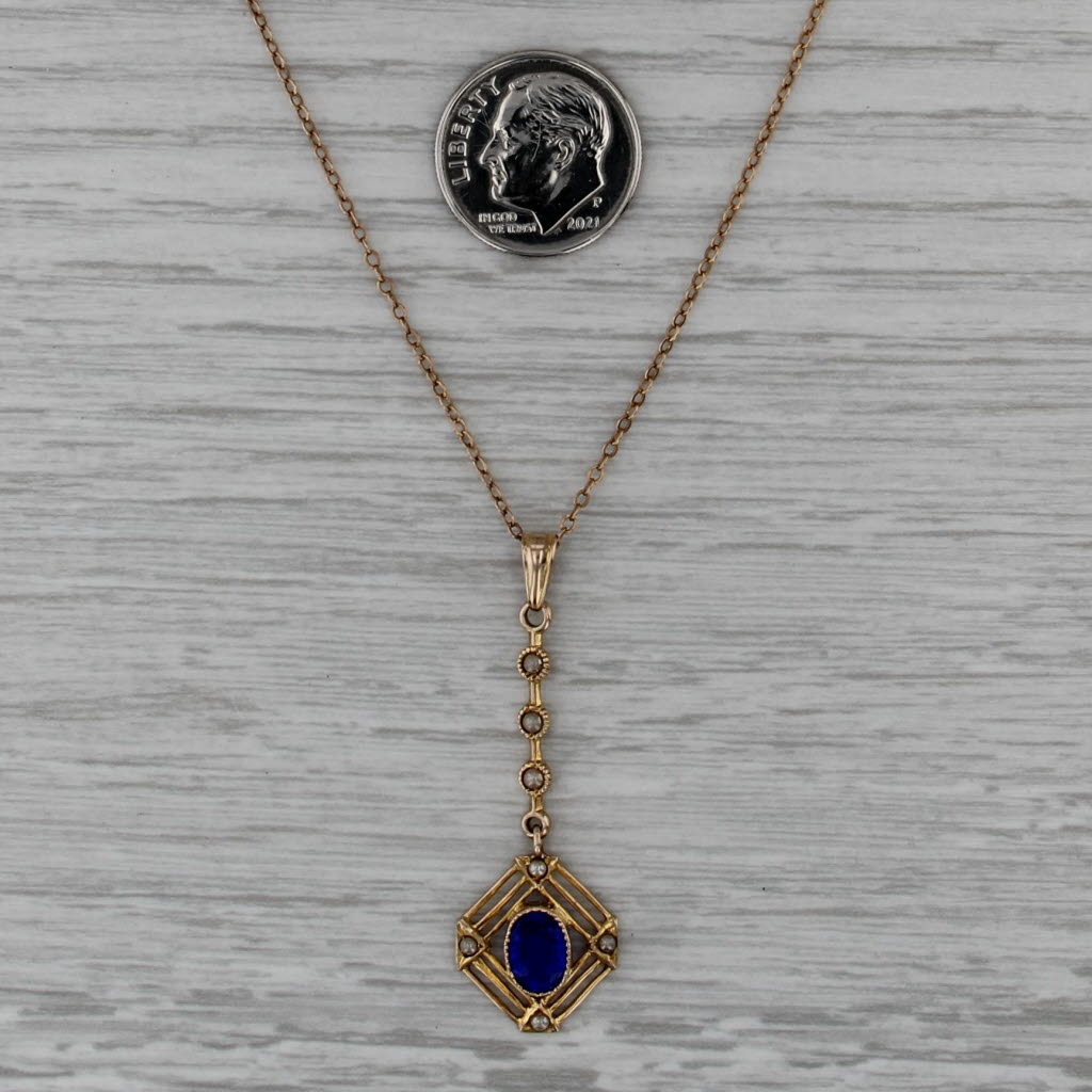 Antique Imitation Pearl Glass Pendant Necklace 10k Yellow Gold 17" Cable Chain