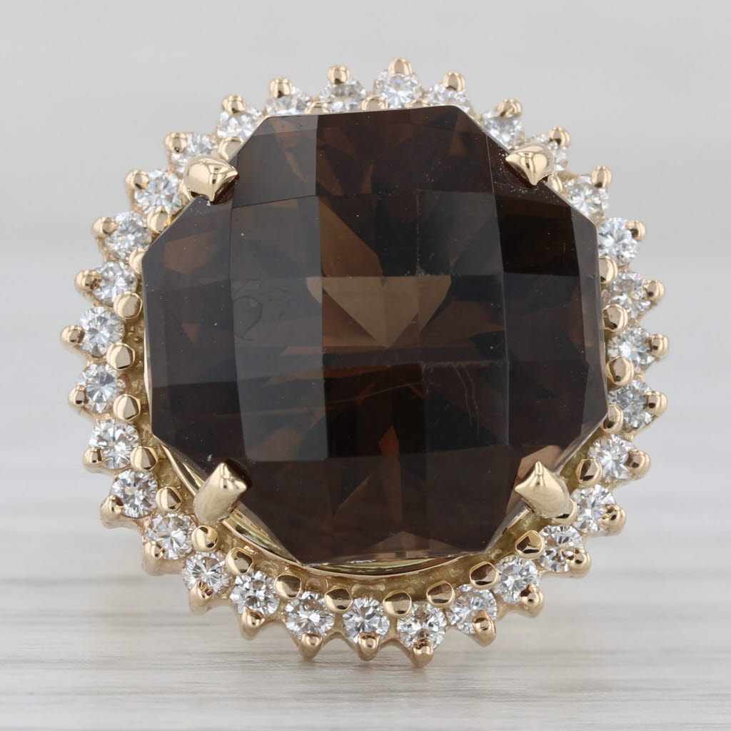 Dark Slate Gray 18.4ctw Smoky Quartz Diamond Halo Ring 14k Yellow Gold Size 7 Cocktail