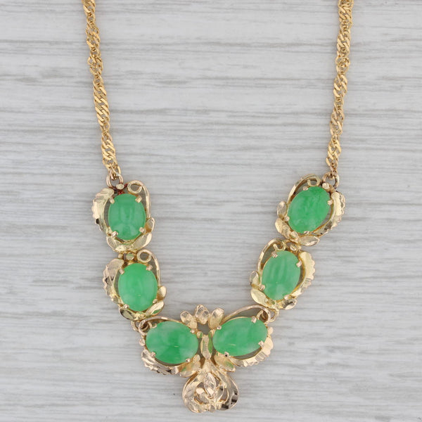 Green Jadeite Jade V Necklace 14k Yellow Gold 17.25" Singapore Chain