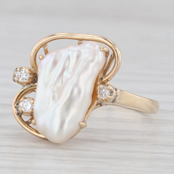 Light Gray Baroque Pearl Diamond Ring 14k Yellow Gold Size 11