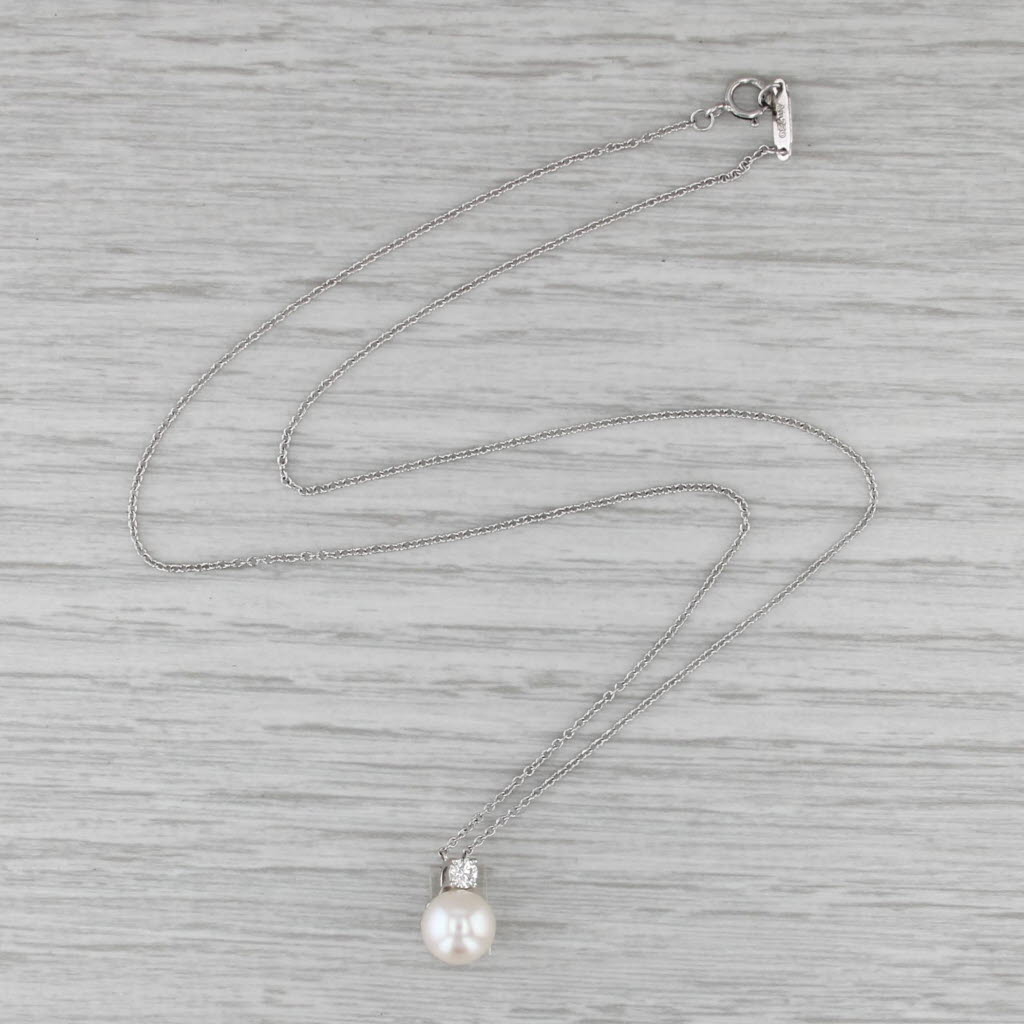 Tiffany Akoya Cultured Pearl Diamond Pendant Necklace w/ Pouch 18k Gold 16"