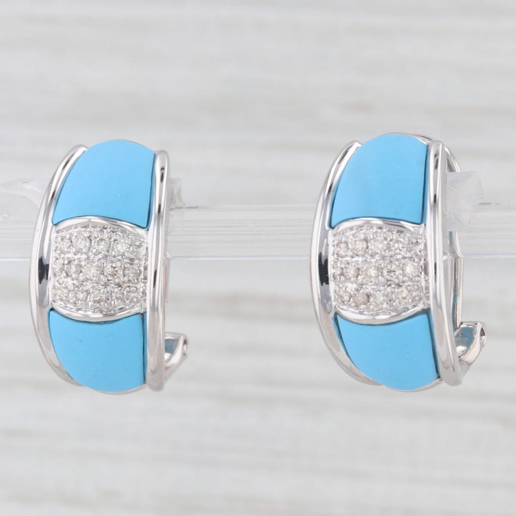 Light Gray Lab Created Turquoise 0.15ctw Diamond Drop Earrings 14k White Gold Omega Backs