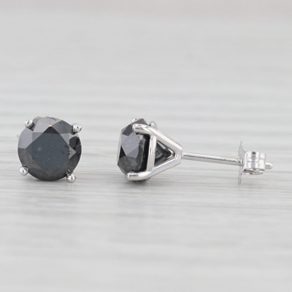 Light Gray New 3.15ctw Black Diamond Stud Earrings 14k White Gold Round Solitaires