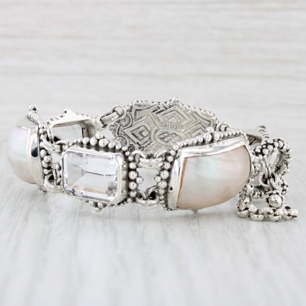 Light Gray Stephen Dweck Quartz Shell Link Bracelet Sterling Silver 7" Statement