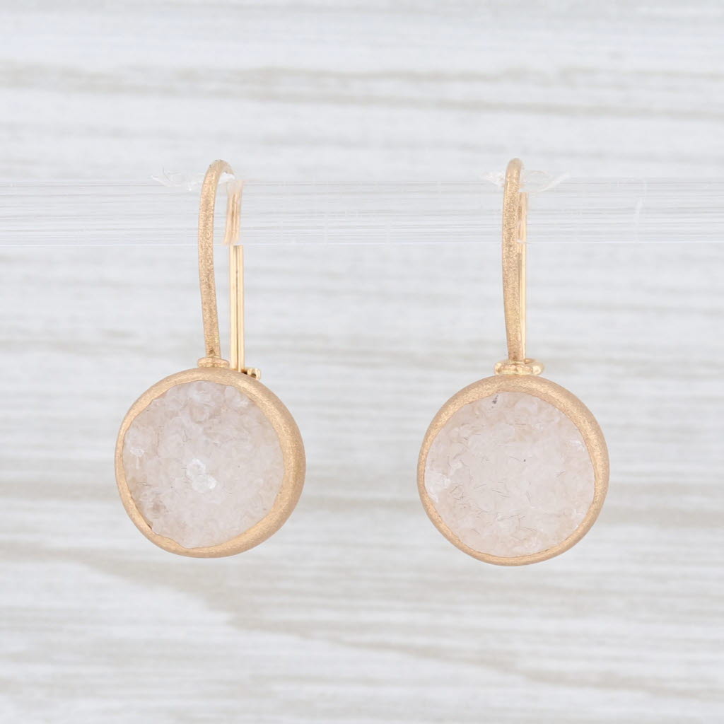 New Nina Wynn White Druzy Quartz Drop Earrings 18k Yellow Gold Hook Posts