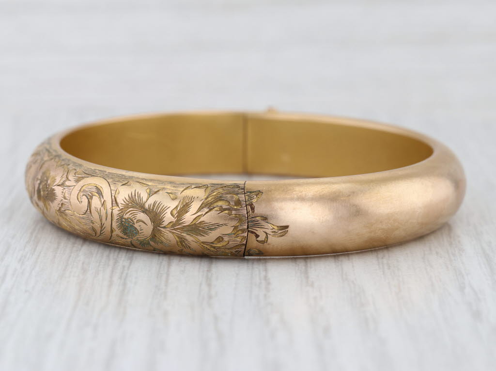 Antique Floral Engraved Bangle Bracelet Gold Filled 7" 11mm