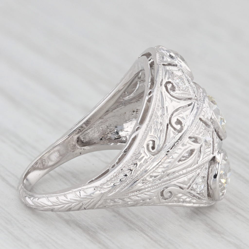 Light Gray Antique 1.66ctw Diamond 3-Stone Ring 18k White Gold Filigree Size 5.5