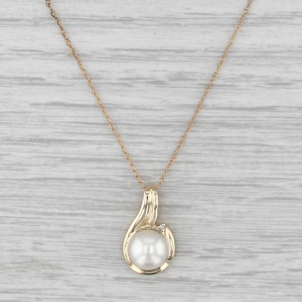 Cultured Freshwater Button Pearl Diamond Pendant Necklace 10k Gold 18.25"