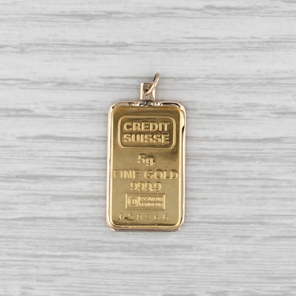 Credit Suisse 5 Gram Fine Gold 999.9 Bar Pendant Charm 18k 14k Frame