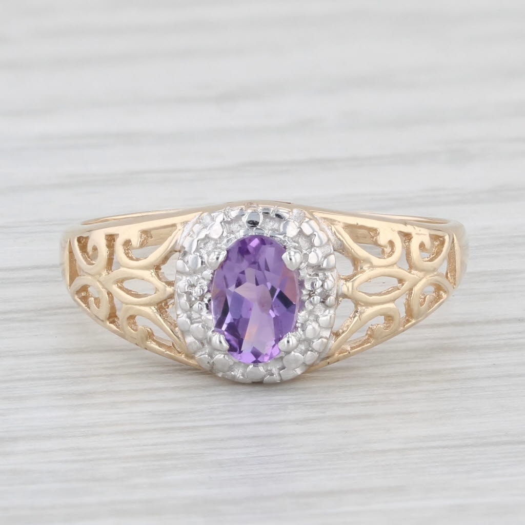 Light Gray 0.40ct Oval Amethyst Ring 10k Yellow Gold Openwork Diamond Accents Size 7