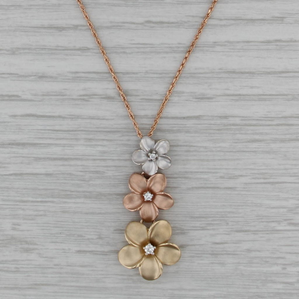 3-Stone Diamond Tri-Toned Flower Pendant Necklace 14k Gold 23.75" Rope Chain