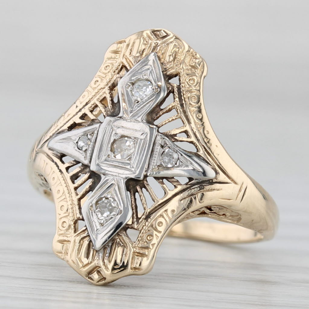 Light Gray Vintage Diamond Filigree Ring 14k Yellow White Gold Size 6.5