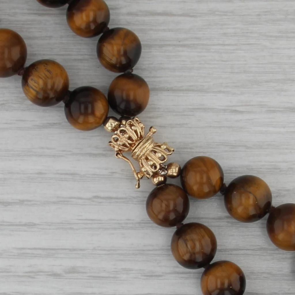 Vintage Tiger's Eye Double Strand Bead Necklace 14k Gold Statement 18"