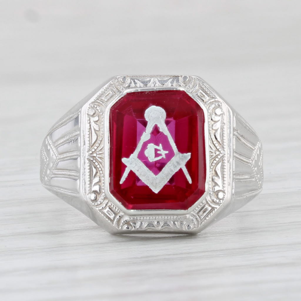 Light Gray Vintage Masonic Ring 10k Gold Lab Created Ruby Square Compass Blue Lodge Sz 5.5