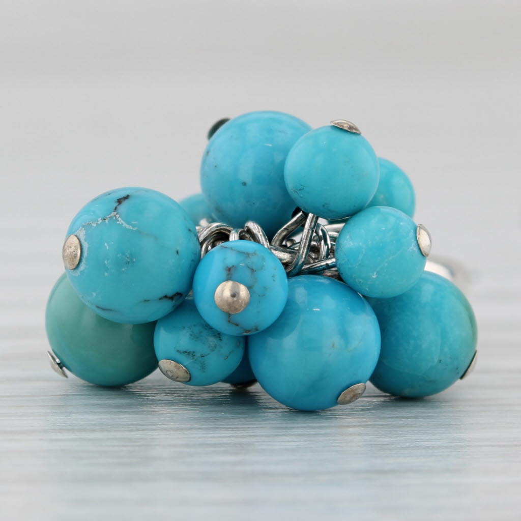 Light Gray Turquoise Bead Cluster Ring Sterling Silver Size 6 Band Statement