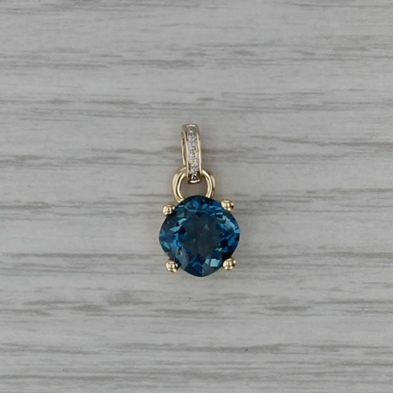 3.50ct London Blue Topaz Diamond Pendant 10k Yellow Gold Cushion Solitaire