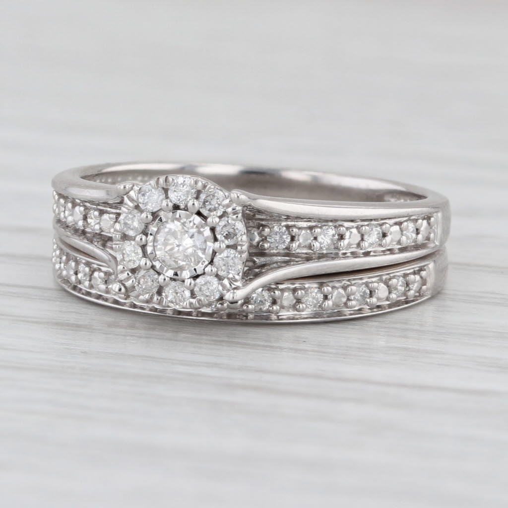 0.22ctw Diamond Halo Engagement Ring Wedding Band 10k White Gold Bridal Set Sz 7