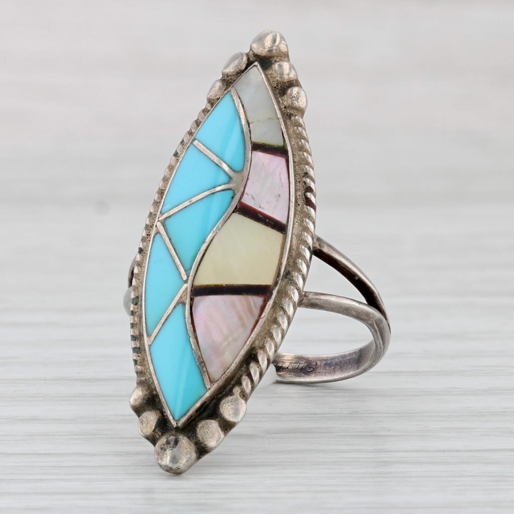 Light Gray Native American Turquoise Mother of Pearl Statement Ring Sterling Silver Size 10