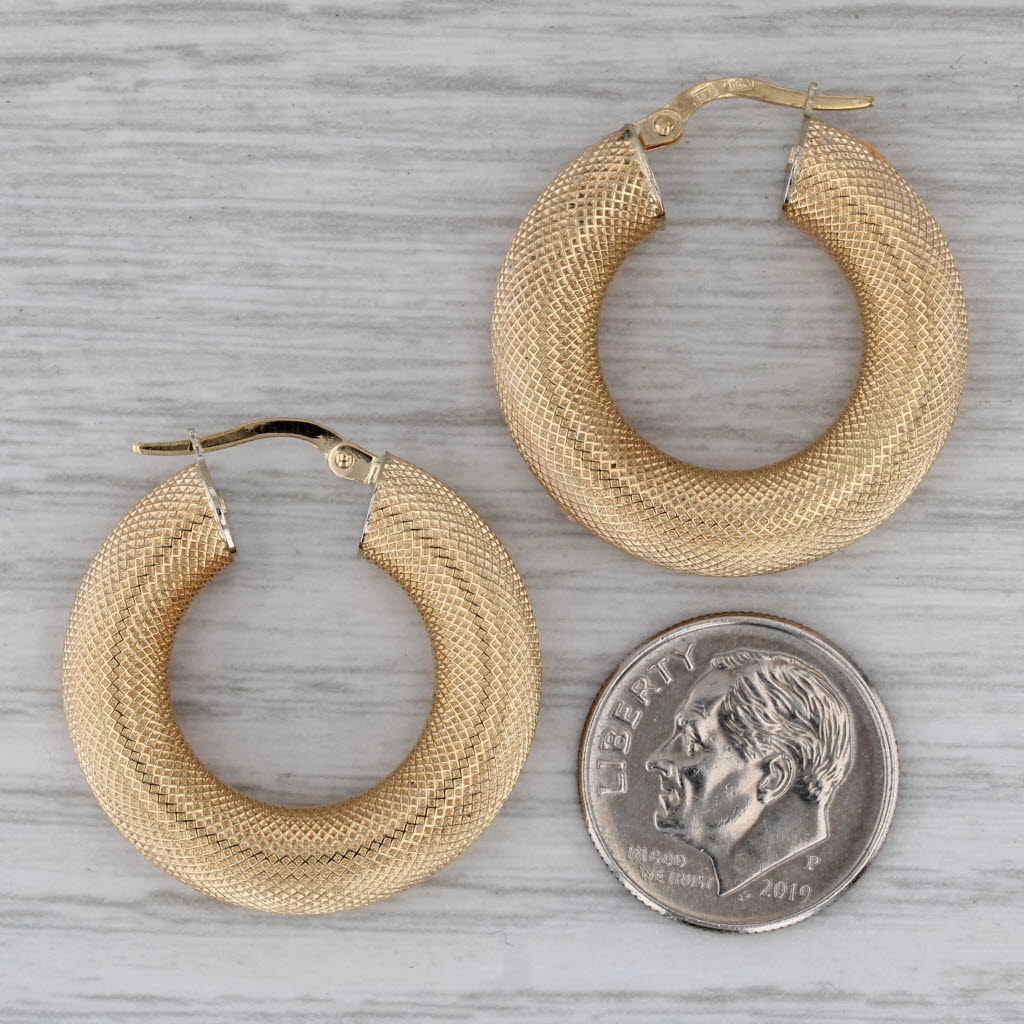 Dark Gray Textured Hoop Earrings 18k Yellow Gold Snap Top Round Hoops