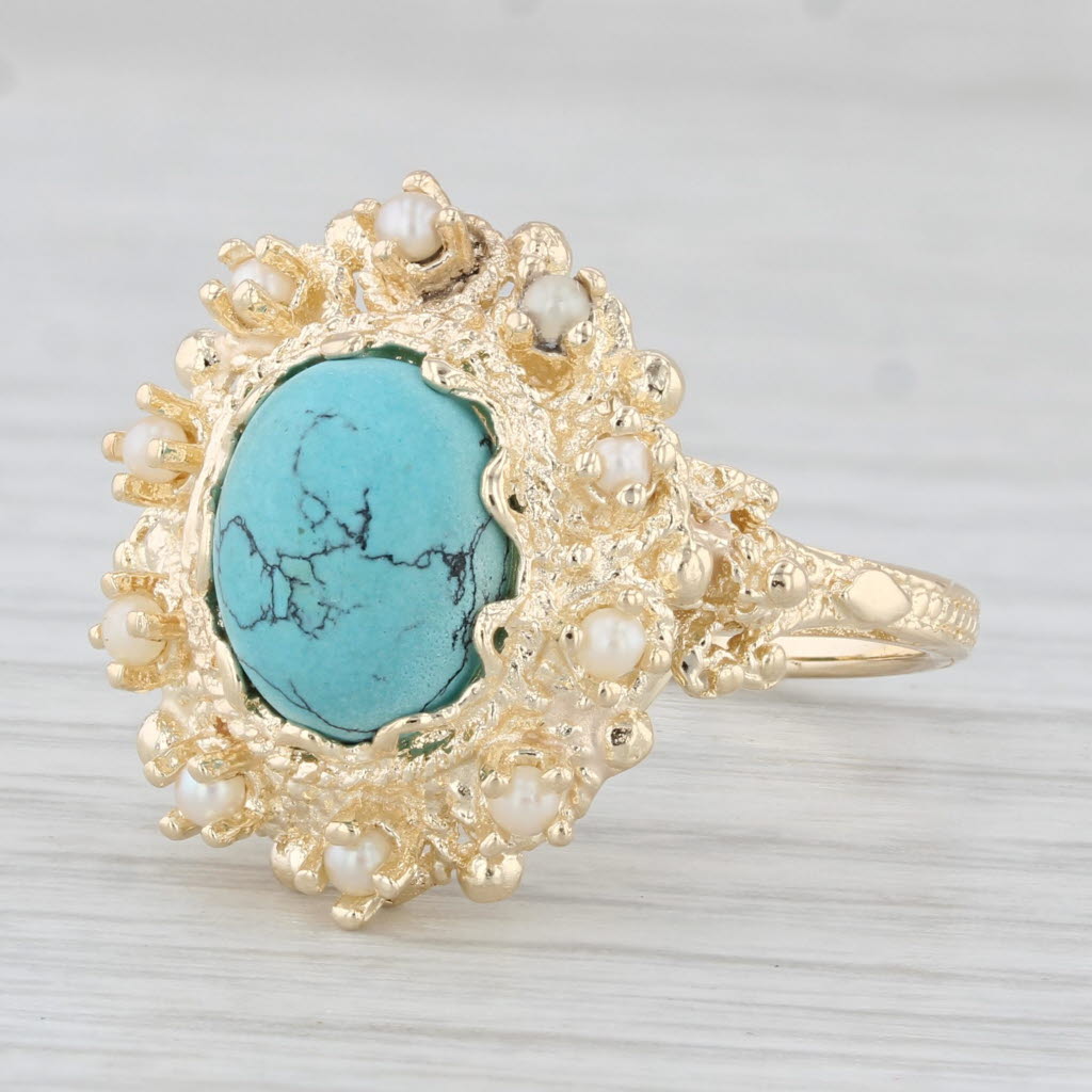 Light Gray Lab Created Turquoise Pearl Ring 14k Yellow Gold Size 7.5 Oval Cabochon