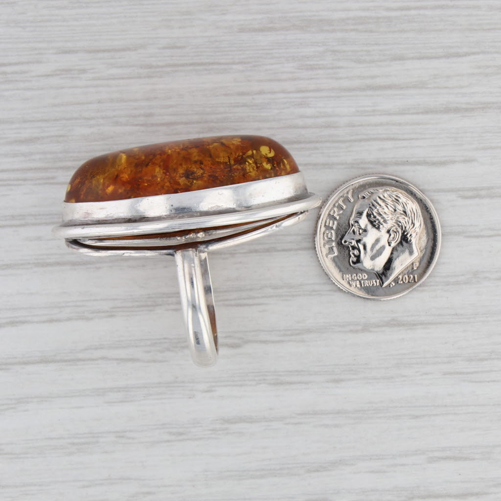 Gray Amber Oval Cabochon Statement Ring Sterling Silver Size 7 Handmade