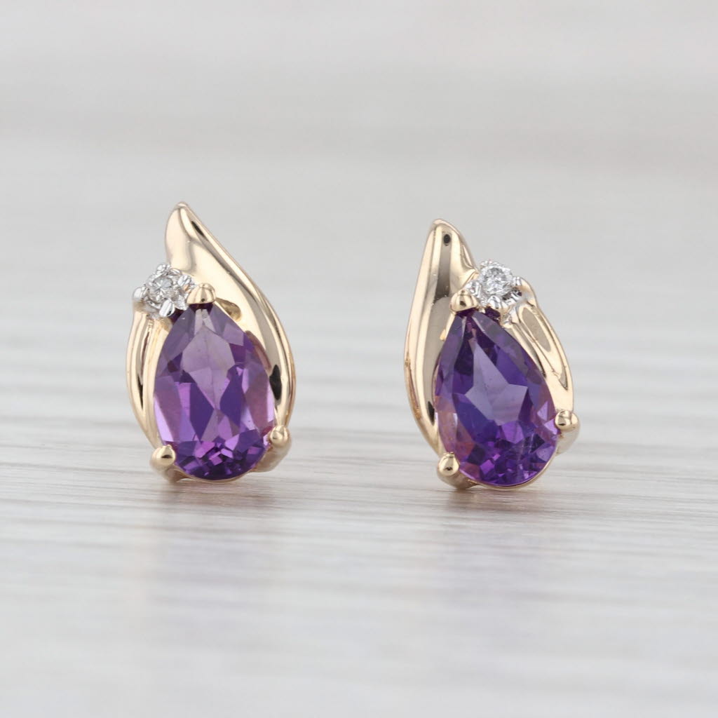 1.42ctw Amethyst Diamond Teardrop Stud Earrings 14k Yellow Gold