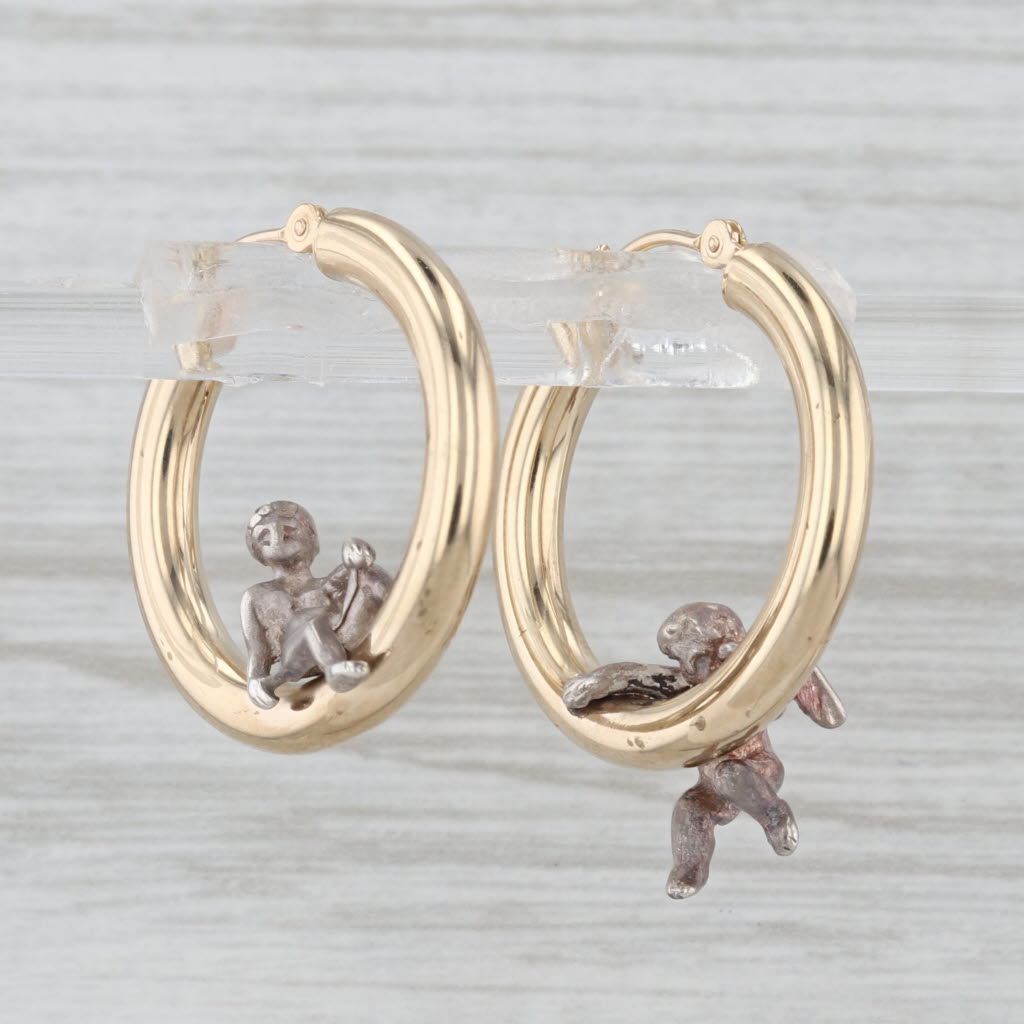 Cherub Hoop Earrings 14k Gold Sterling Silver Snap Top Round Hoops