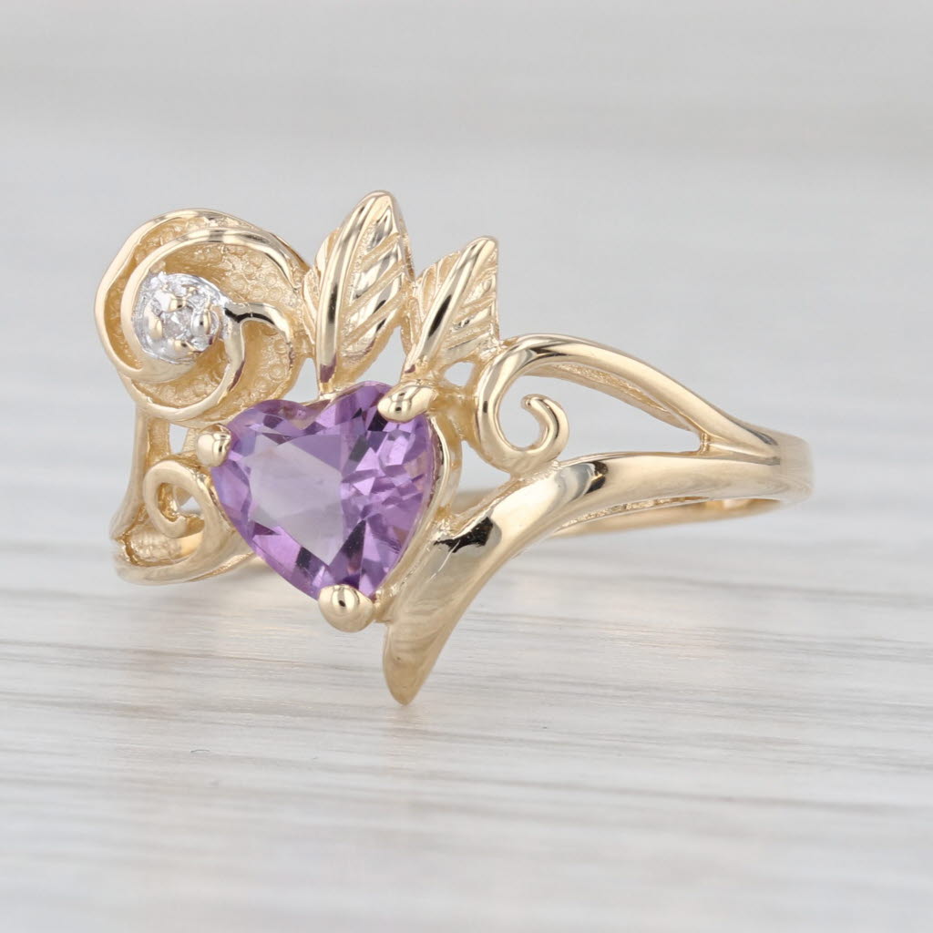 0.65ct Amethyst Heart Flower Ring 14k Yellow Gold Diamond Accents Size 7.25