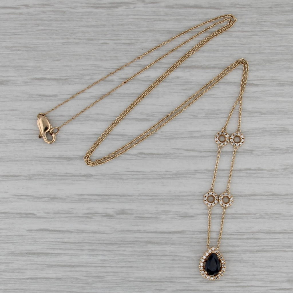 0.80ctw Blue Sapphire Diamond Halo Teardrop Diamond Station Necklace 14k Gold