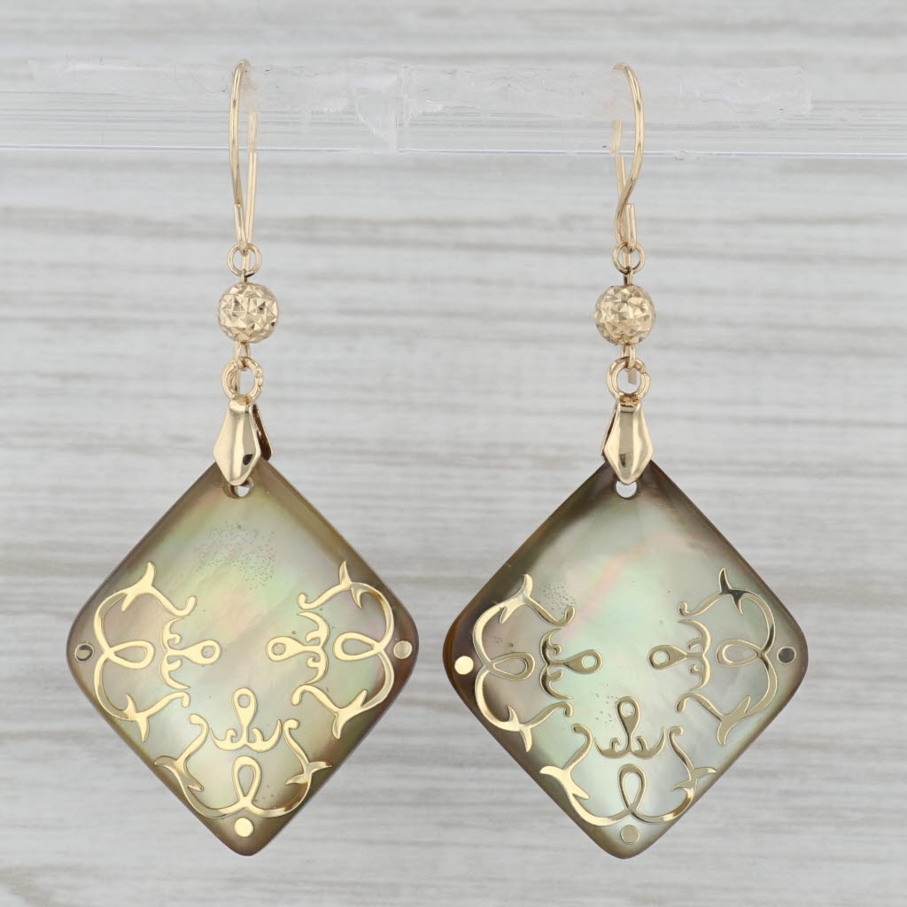 Gray Ornate Mother of Pearl Dangle Earrings 14k Yellow Gold Hook Posts