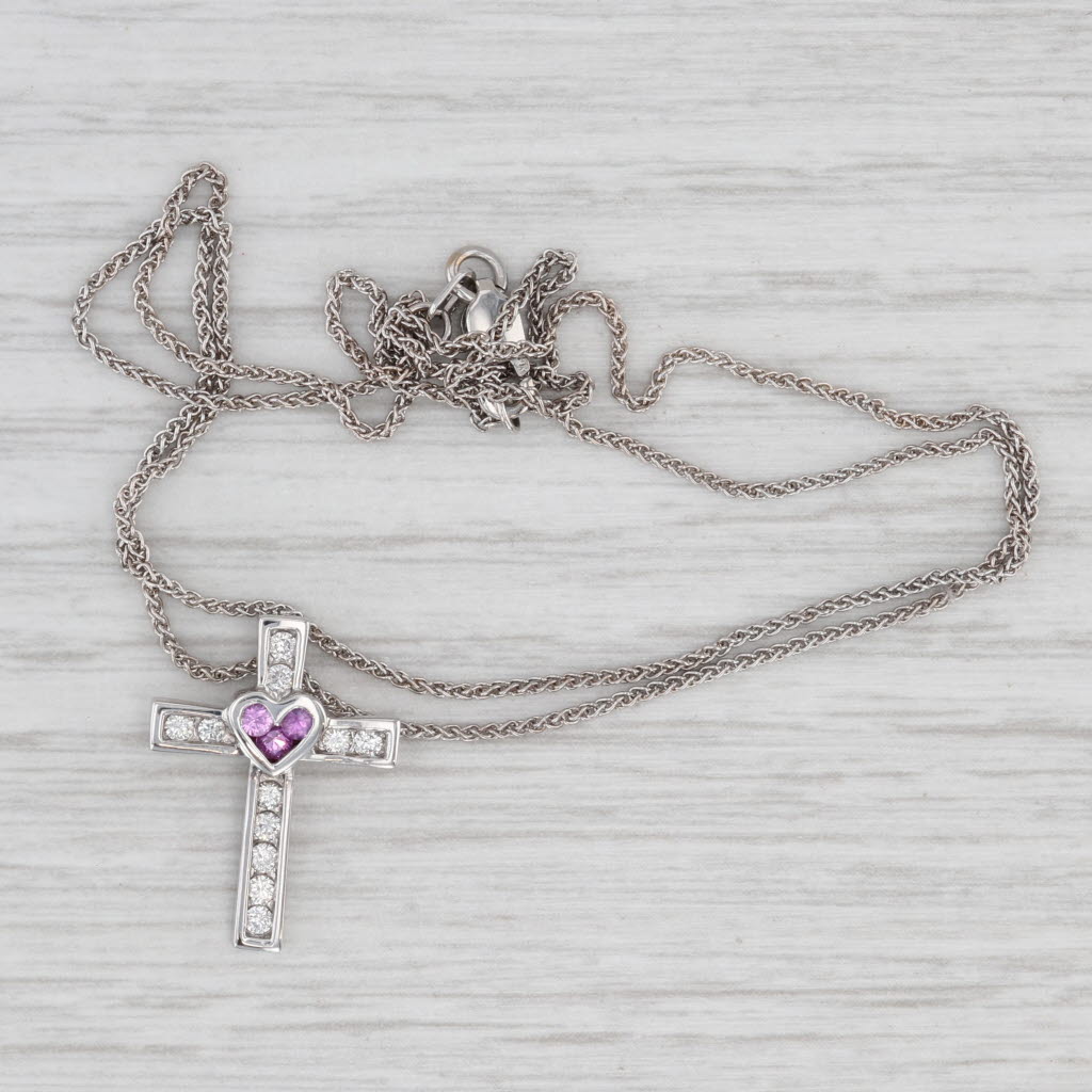 Light Gray 0.30ctw Pink Sapphire Diamond Cross Pendant 14k White Gold 19.5" Wheat Chain
